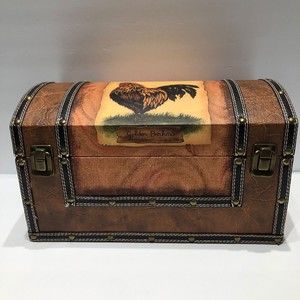 Unique 13" Wrapped Leather-Look Wood Chest Hinged Handles Painted Rooster